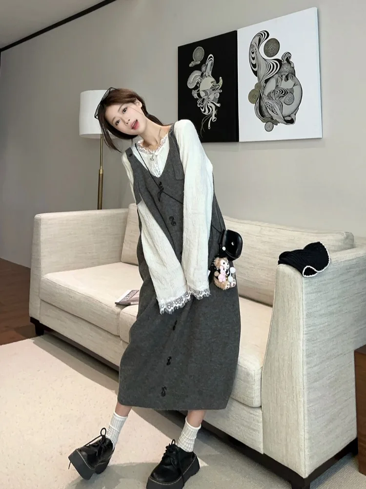 Серое вязаное платье на подтяжках в стиле ретро с v-образным вырезом женское