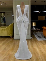 sexy deep v neck long sleeve elegant evening dresses women high slit formal gowns female solid white sexy club vestidos