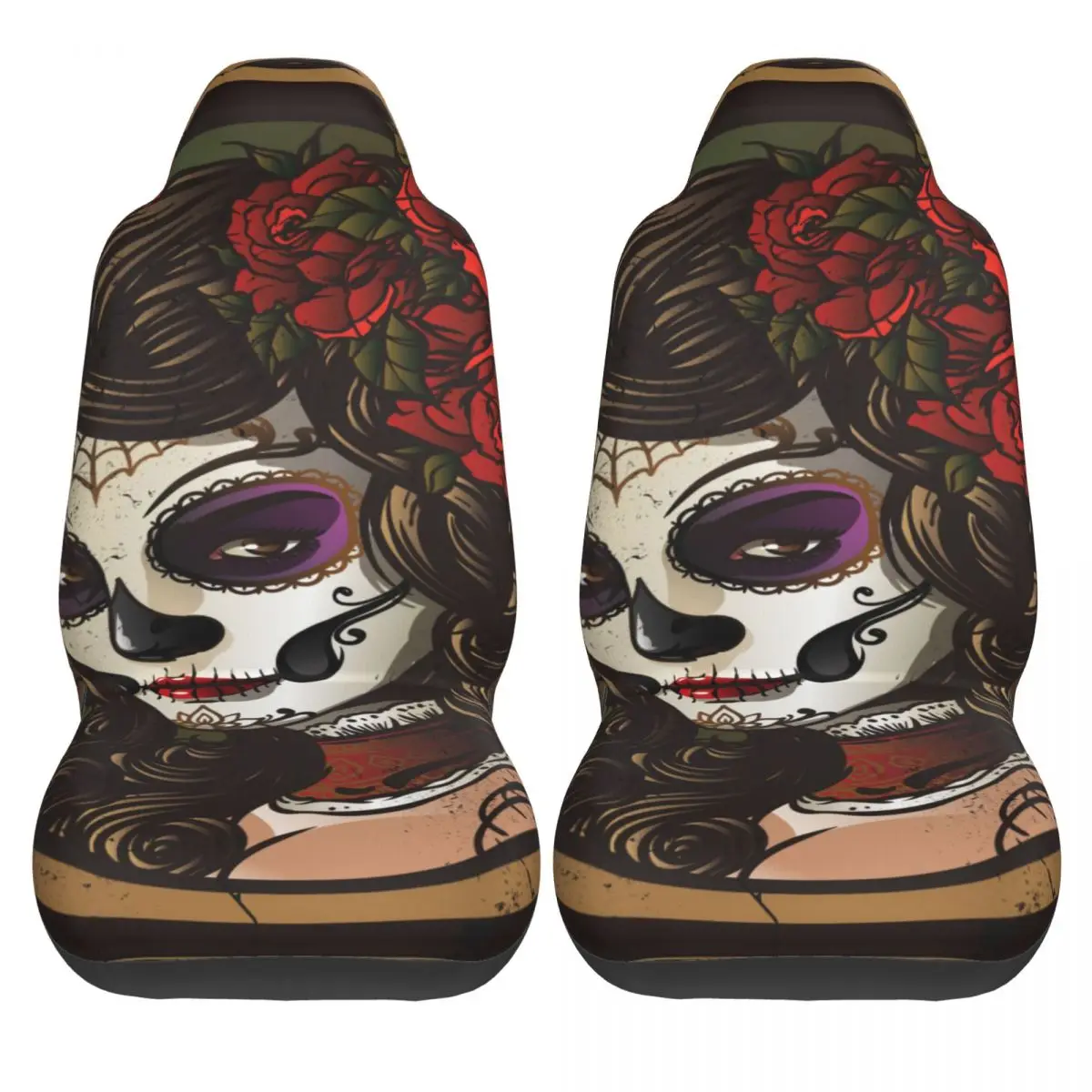 

2 pcs Car Seat Cover Sugar Skull Girl Universal Wear Dirt-resistant Protector for Car Easy Cleaning