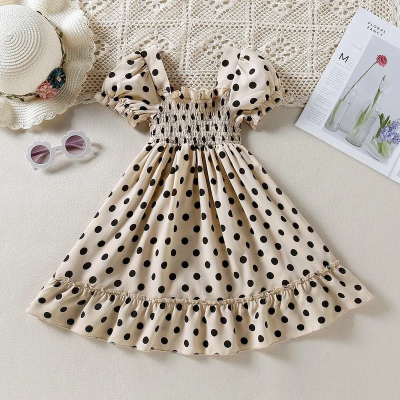 

Girls Fashion Dress Girl Summer Korean Style Puff Sleeve Dot Square Neck Princess Dresses 3-7 Y Kids Sweet Children's Clothing