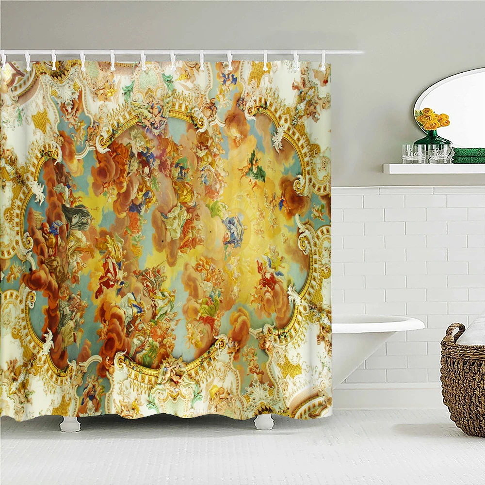 Винтажная занавеска для душа из ткани с настенной росписью европейской церкви