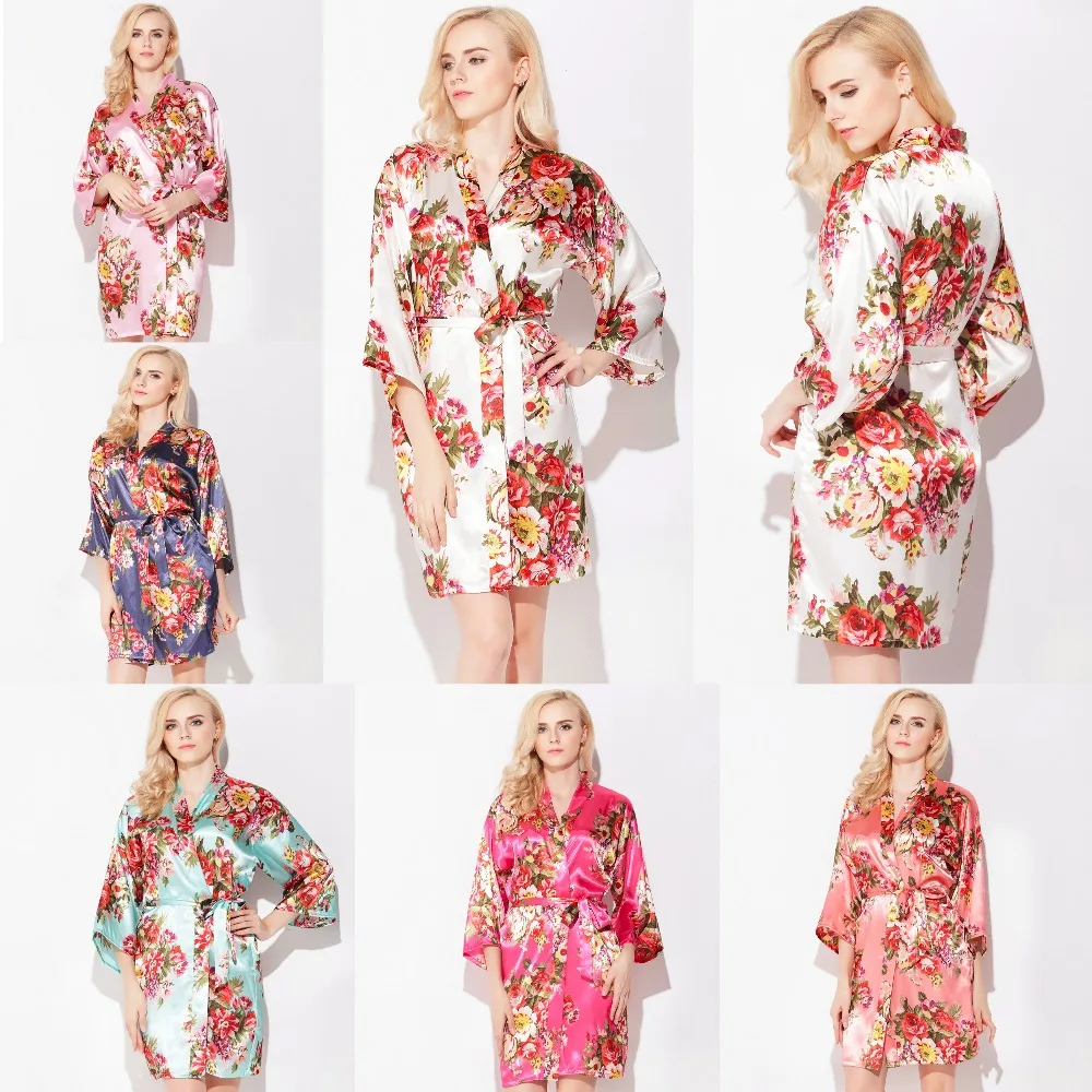 Wedding Bride Bridesmaid Floral Robe Satin Rayon Bathrobe Nightgown for Women Kimono Bridal Robes Sleepwear Flower Plus Size