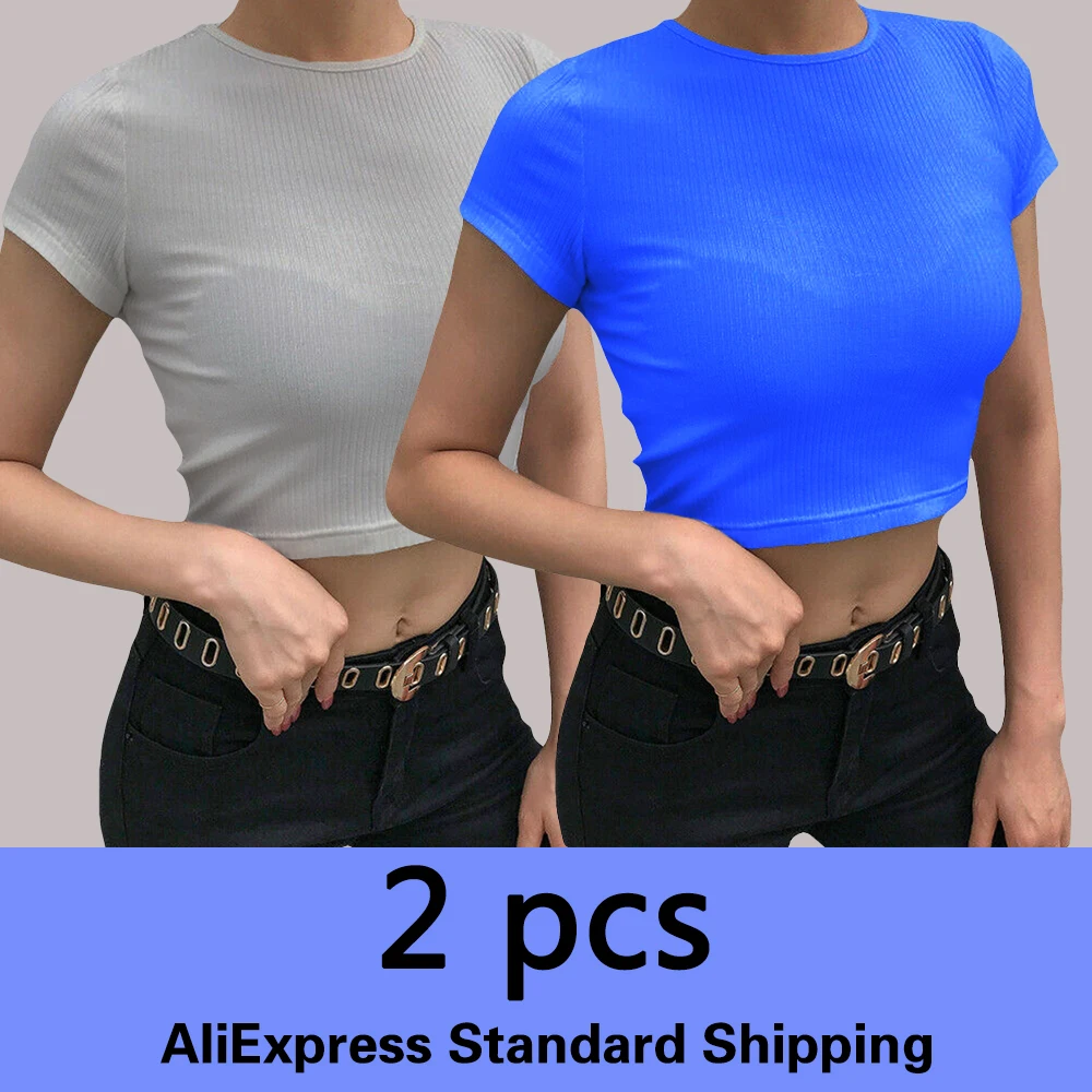 

Топ женский трикотажный из двух предметов, базовая пикантная майка с коротким рукавом, повседневный укороченный топ с круглым вырезом, улич...