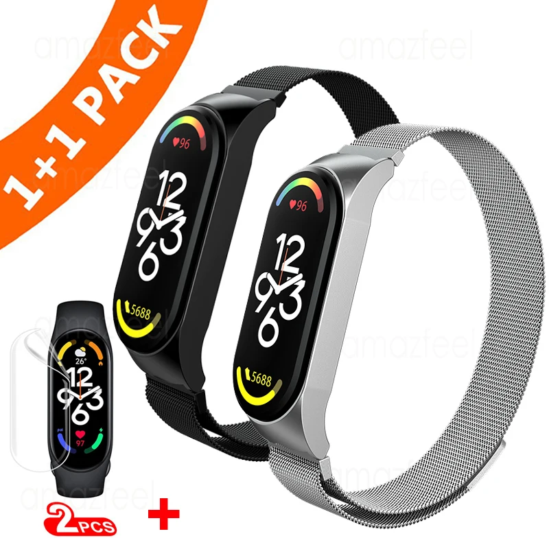 

Ремешок и защитная пленка для Xiaomi Mi Band 7 6 5, браслет из нержавеющей стали на магните для Mi Band 5 6 7, 2 упаковки