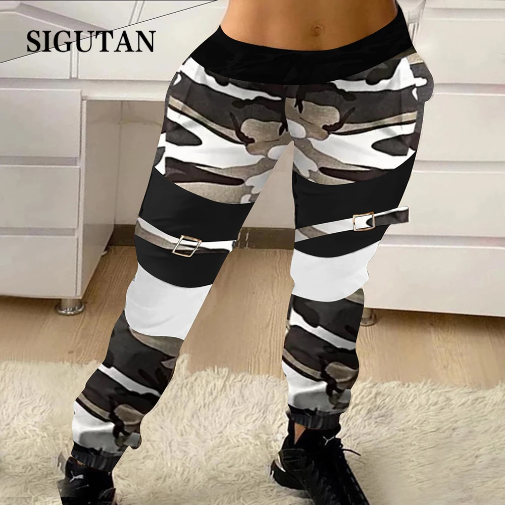 

2022 Spring Autumn Cargo Pants Casual Elastic Buckle Camouflage Sweatpant Overall Women Patchwork High Waist Trousers Streetwear
