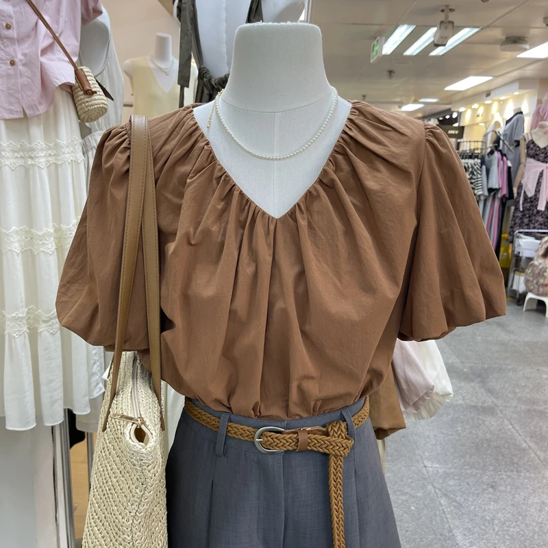 

Solid Women Blouse Summer Vintage 2023 V-Neck Lantern Sleeved Loose Elegant Female Pulls Tops