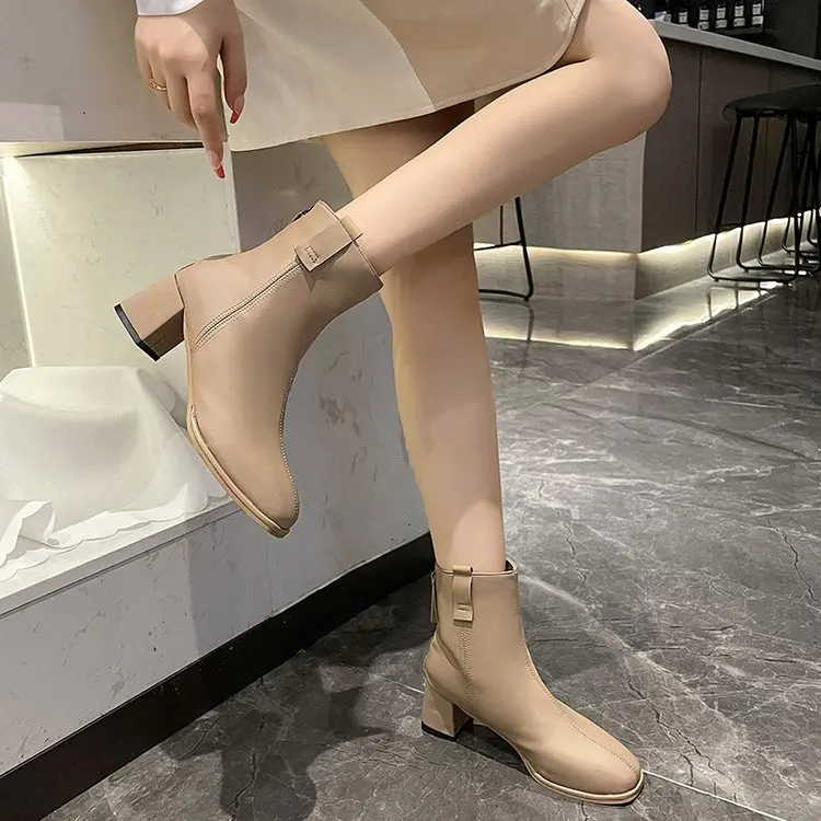

Women's Medium Heel Thick Heel Short Boots Women's New Back Zipper Booties Square Toe and Nude Thin Velvet Chesier Booties