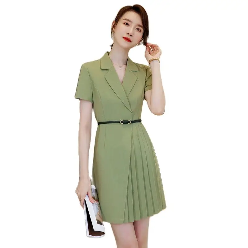 Foxsingmoon Summer Business dress Notched for Women 2023 New Belt A-line Office Lady Slim empire Midi Green Dresses Vestidos
