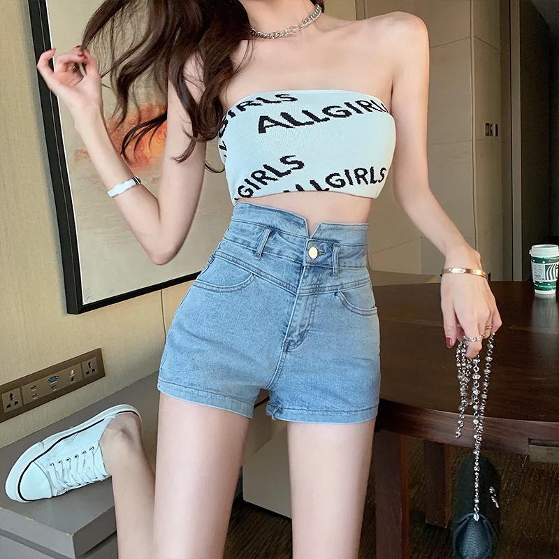 Summer New High-waisted Jeans Fashion Cuffed Light-colored All-match Shorts Slim Fit Solid Color Denim Shorts for Women 2023