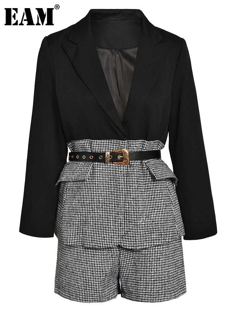 

[EAM] шорты с широкими штанинами, черный клетчатый Блейзер, костюм из двух предметов, новинка, с отворотом, с длинным рукавом, женская мода, весна-осень 2023 1DF20250