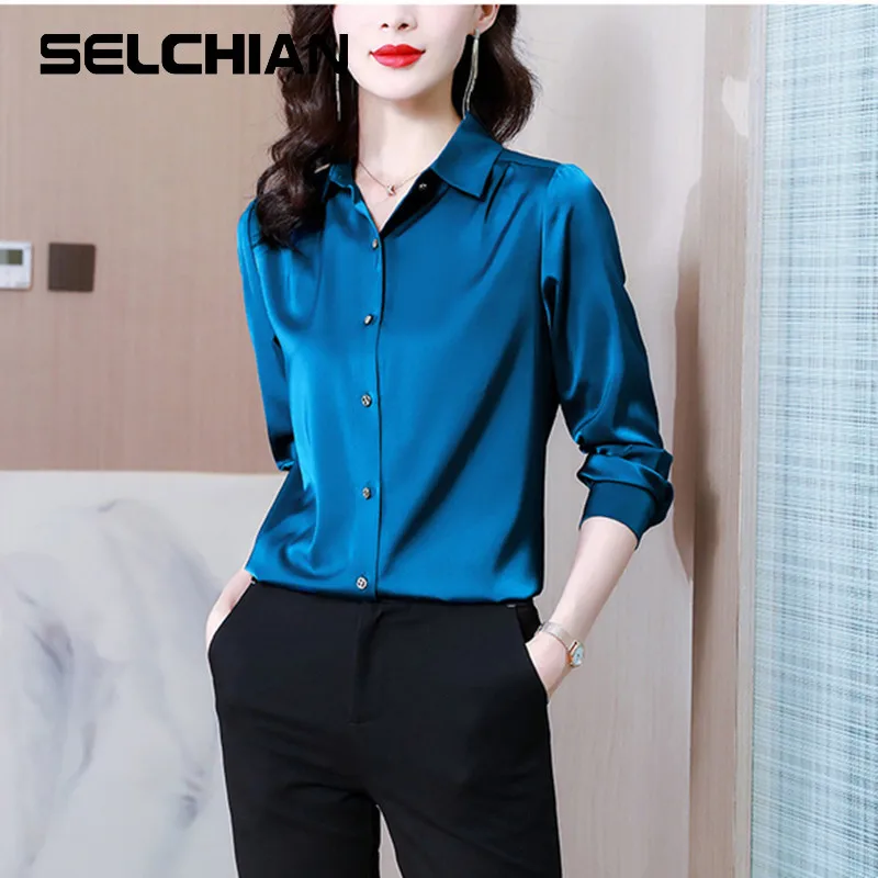 

Silk Women's Shirt Vintage Solid Tops for Women Metal Button Up Polo Neck Women Clothing Long Sleeve Top Female Basic OL Shirts