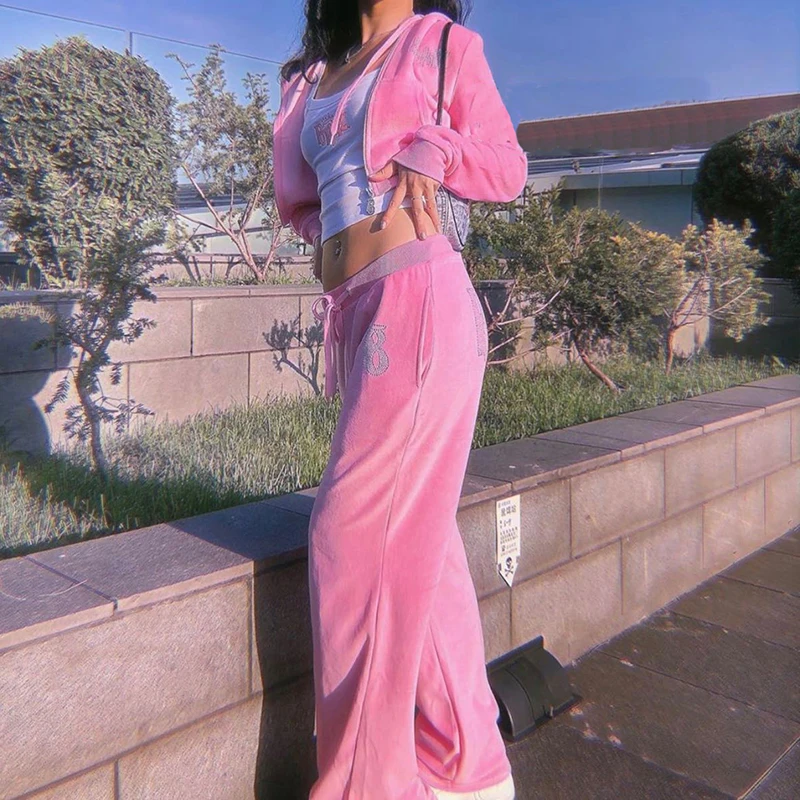 Женский бархатный костюм Y2K Дамская спортивная одежда уличная Дамский клубный