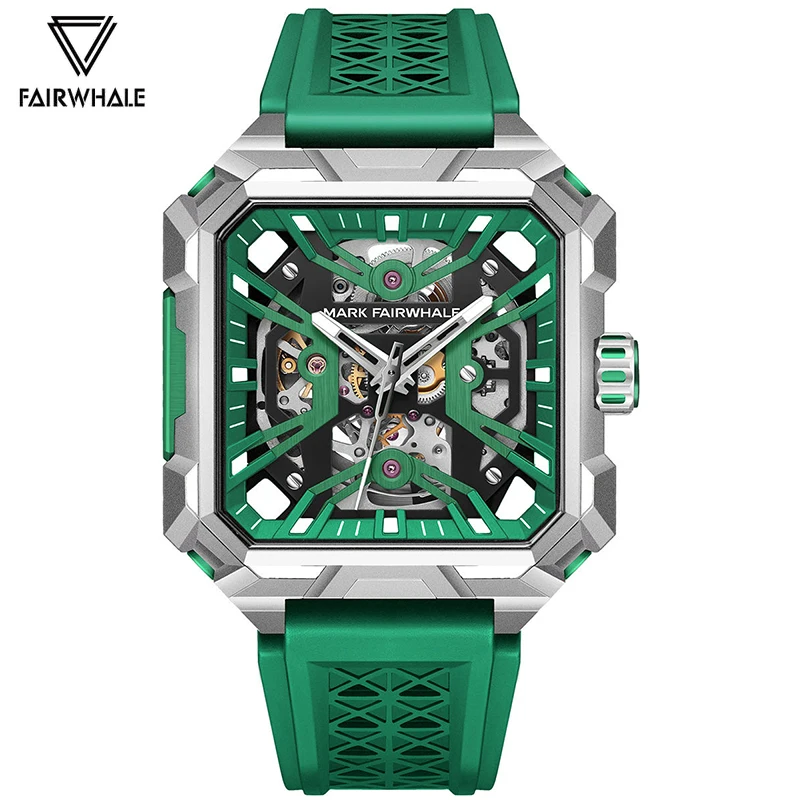 

Модные Зеленые Автоматические Мужские Винтажные квадратные часы с турбийоном, механические наручные часы, спортивные военные часы с силиконовым ремешком