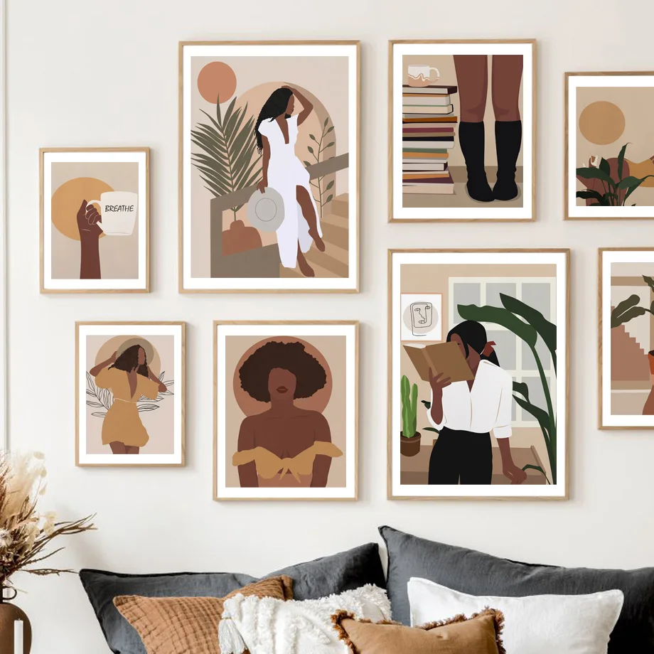 

Boho Nature Black Girl Coffee книжка, Художественная Картина на холсте, абстрактное солнце, большие пальмы, постеры, печатные рисунки, декор для гостиной