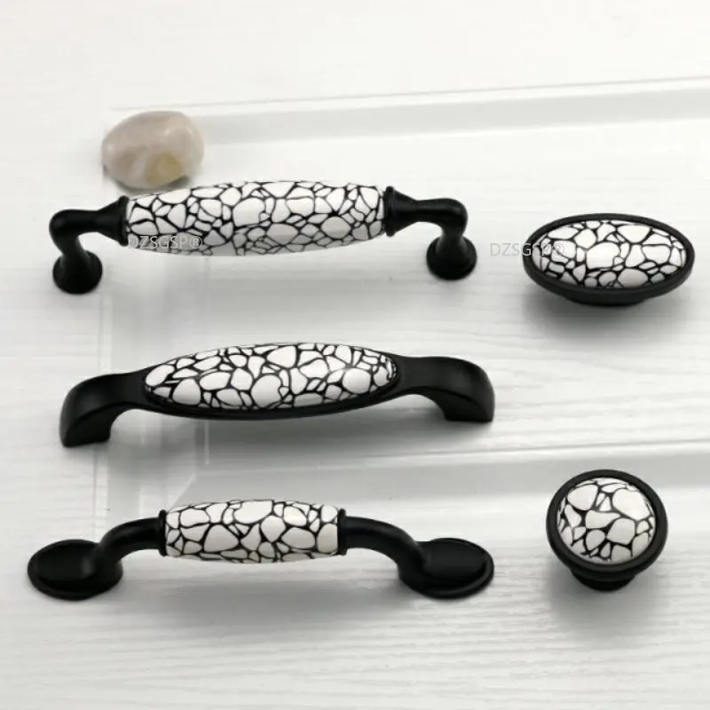 

American Style Marble Ceramic Cabinet Handles Drawer Knobs Furniture Black Emboss Wardrobe Door Handles Hardware Pulls