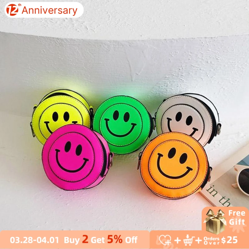 

Lovely Children Mini Coin Purse Handbags Little Kids Patchwork Shoulder Bag Candy Color Smiley Baby Girls Small Messenger Bags