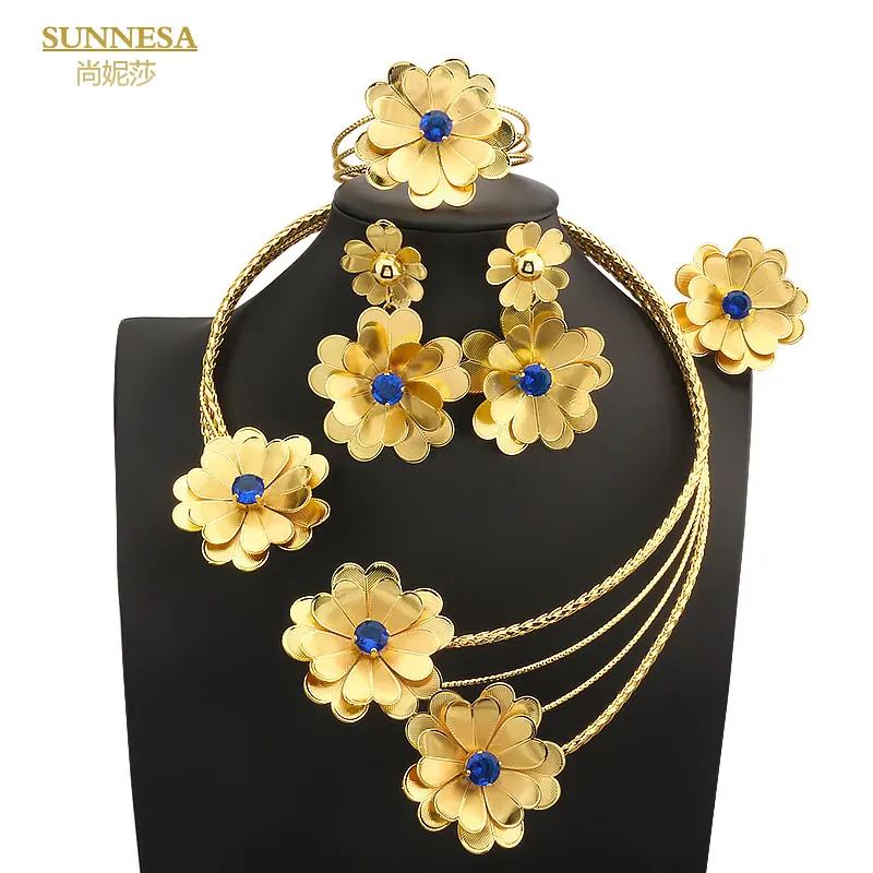 

SUNNESA Fashion Dubai Jewelry Set for Women 18k Gold Color Flower Design Zircon Earrings Luxury Necklace with Bracelet Ring Set