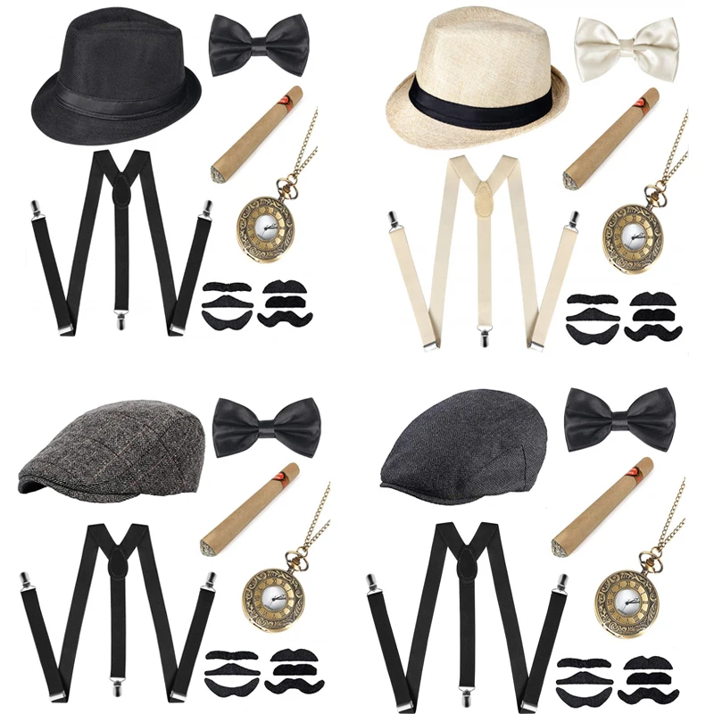 

Peaky Blinders Costume Accessories Set 30s Manhattan Gangster Beret Y-Back Suspender pocket watch 1920s Men Gatsby Costume Beard