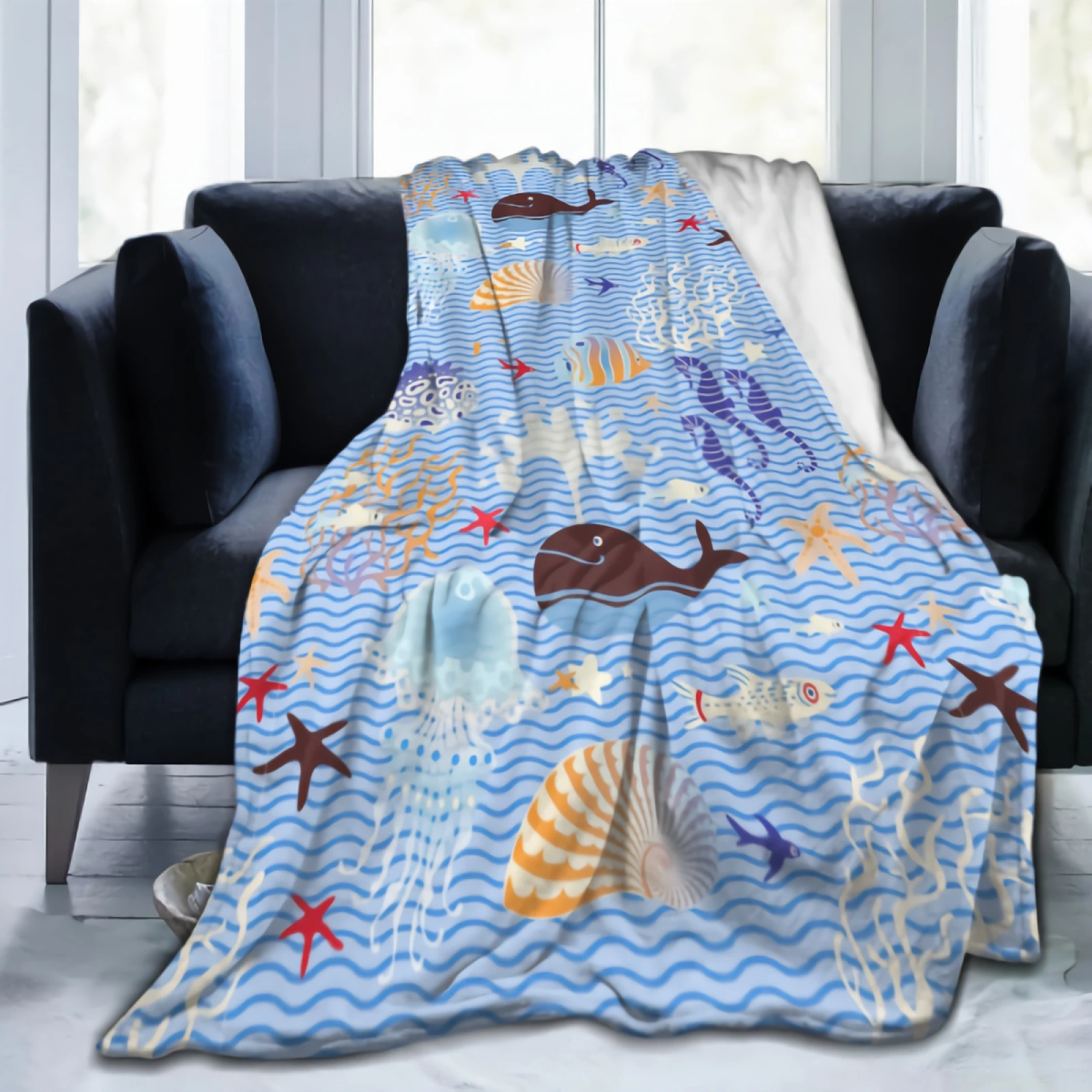 

Blue Ocean Theme Flannel Fleece Throw Blanket Cute Coastal Starfish Shell Coral Lightweight Cozy Plush Bedspread for Adults Kids