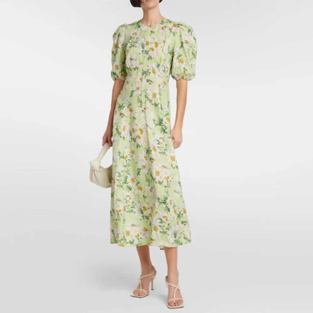 

Alem@is 23 Summer New 100% Linen Flower Green Daisy Print Long Dress Round Neck Resort Style Short Sleeve Misty Dress Woman