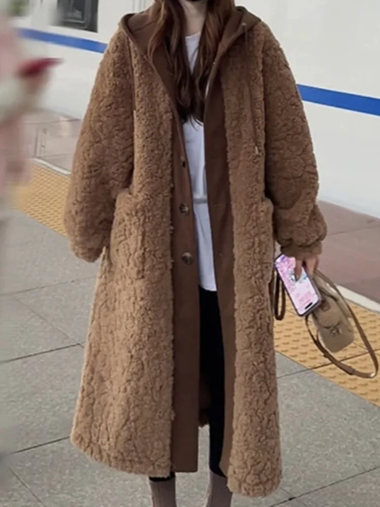 LGRQ женское пальто с капюшоном из овечьей шерсти зимняя мода 2024 теплая женская