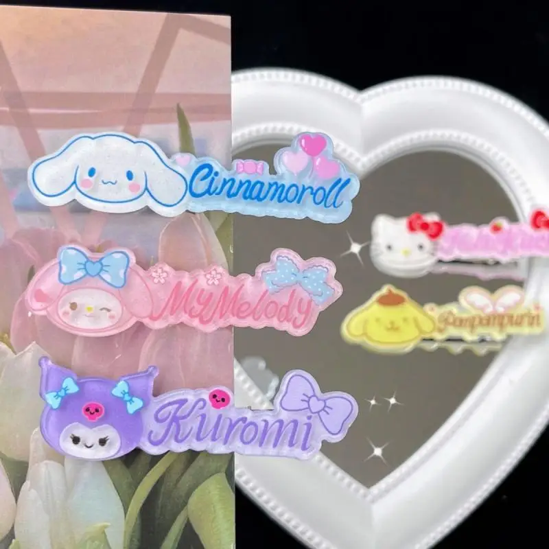 

Клипса для волос Sanrio Hellokitty Kuromi Mymelody Cinnamoroll с надписью, милая заколка для волос для девочек, Студенческая мультяшная клипса с утконосом, челка, клипса