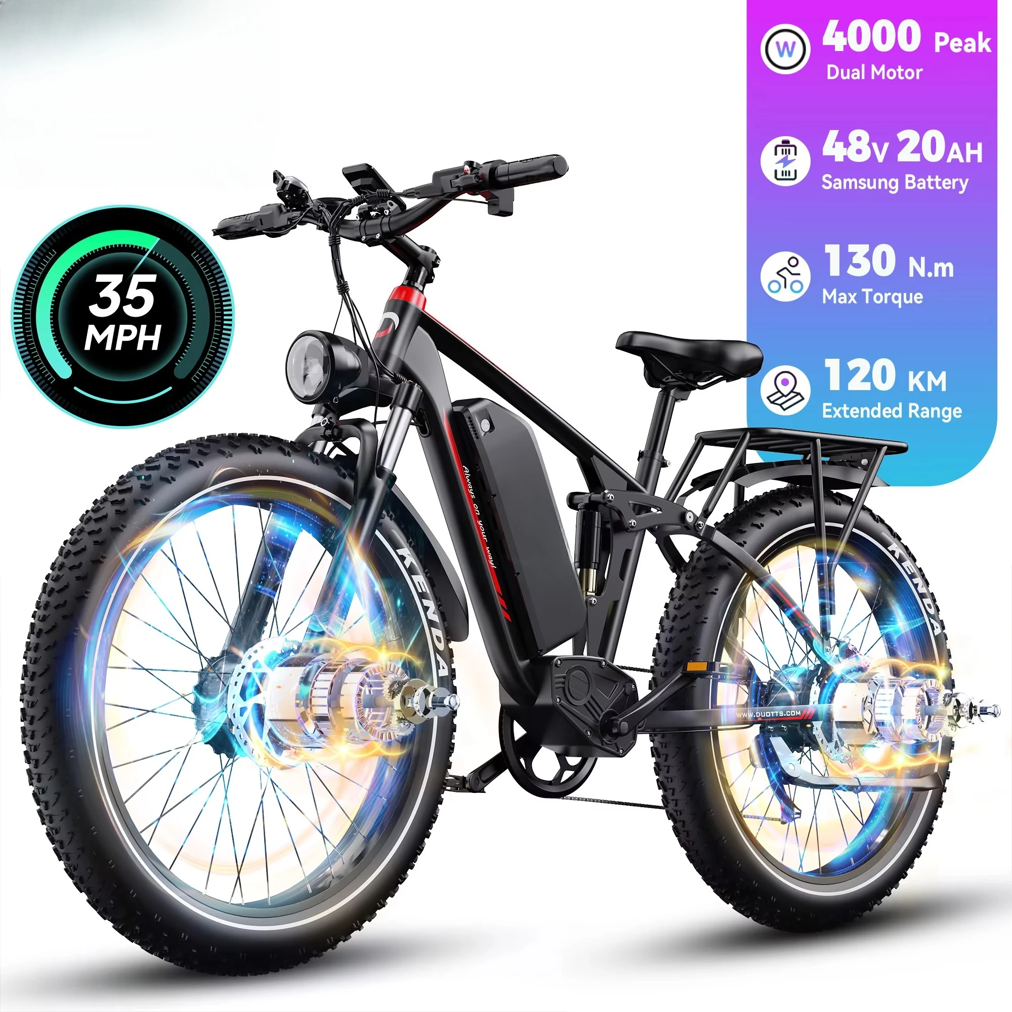 Фото US Duotts S26 48 В 20 Ач Полная подвеска Двойной двигатель Fat Tire Электрический E Dirt Bike Горный Ebike E-bike №1