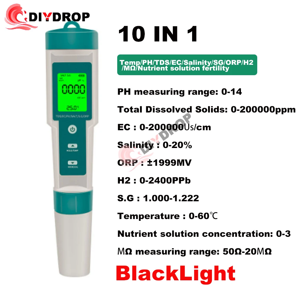 

Измеритель pH 10 в 1, TDS EC ORP, измеритель температуры солености S. G с подсветкой, цифровой тестер качества воды для аквариума