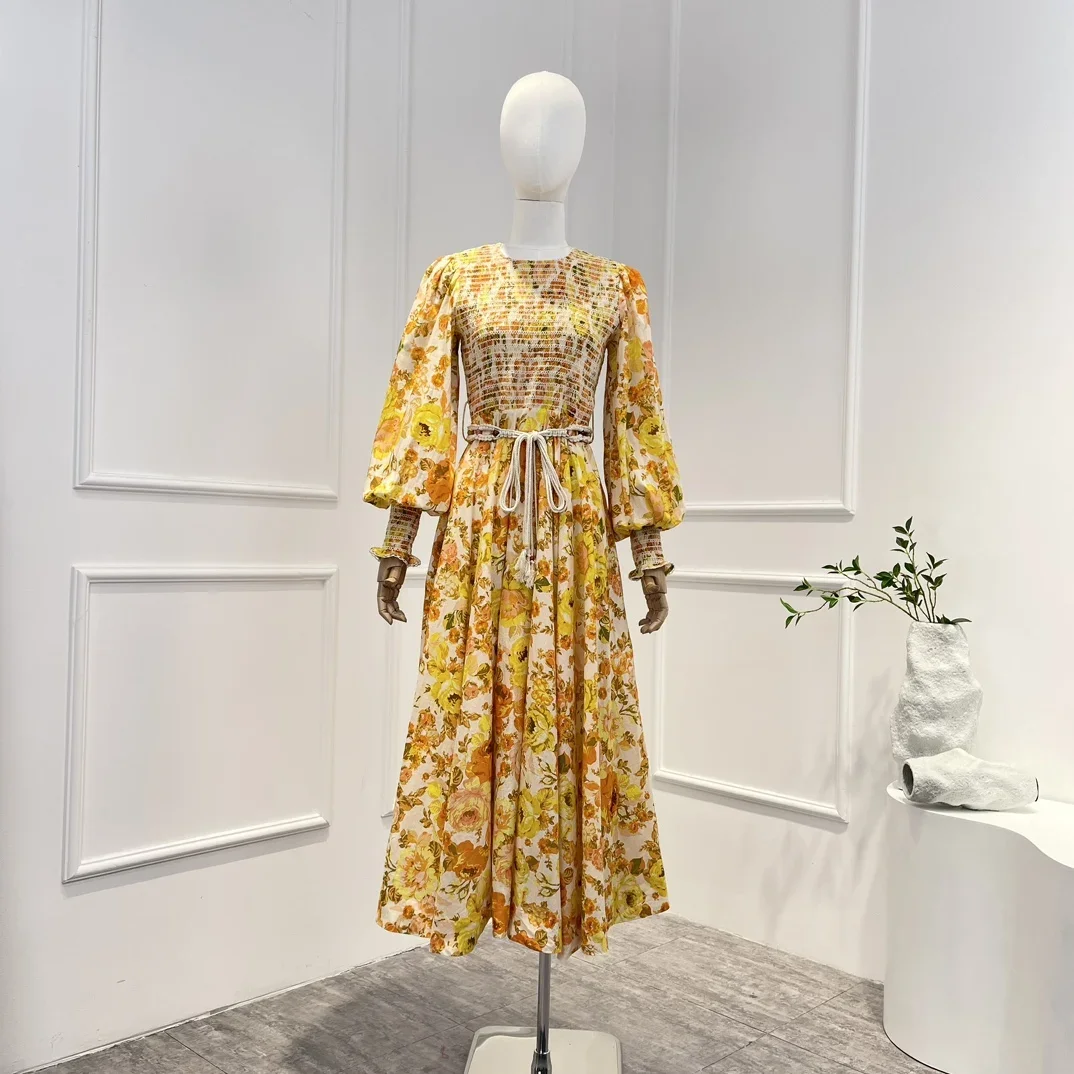 

2023 Yellow Top Quality New Spring Summer Cotton Floral Printing Shirred Long Lantern Sleeve Beading Woman Midi Dress