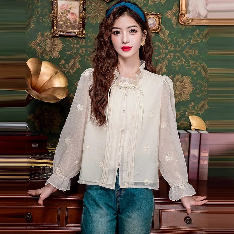 Женская блузка с длинным рукавом элегантная рубашка вышивкой в винтажном стиле