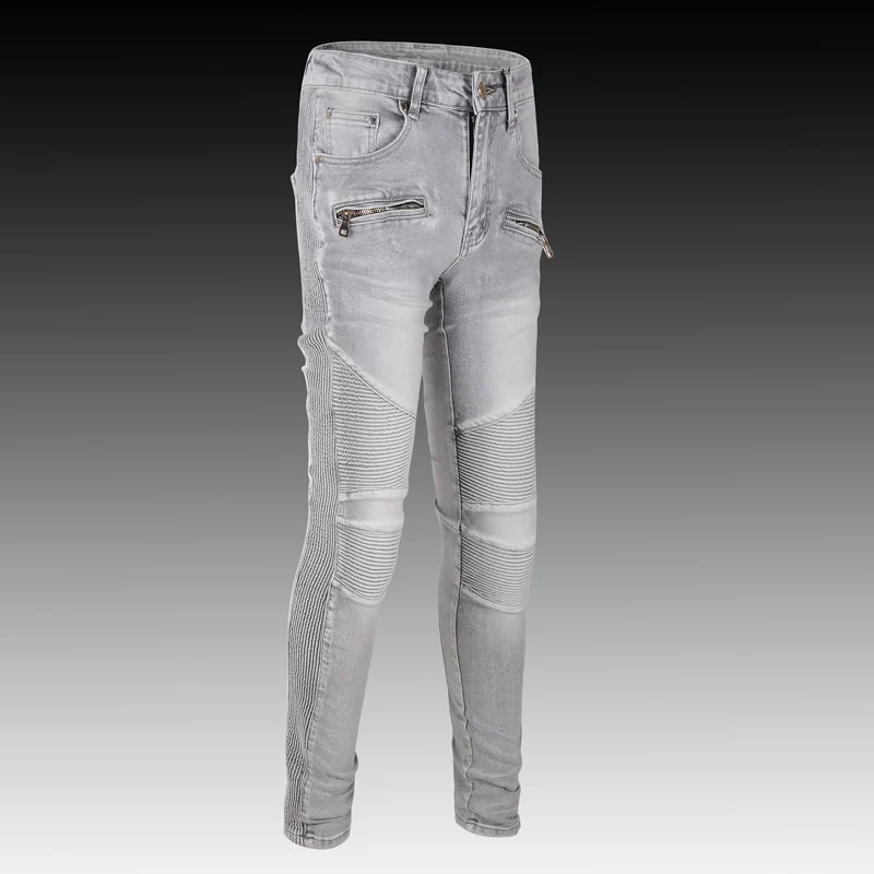 Fashion Streetwear Men Jeans Retro Gray Elastic Slim Fit Spliced Designer Biker Jeans Homme Hip Hop Brand Denim Punk Pants Men