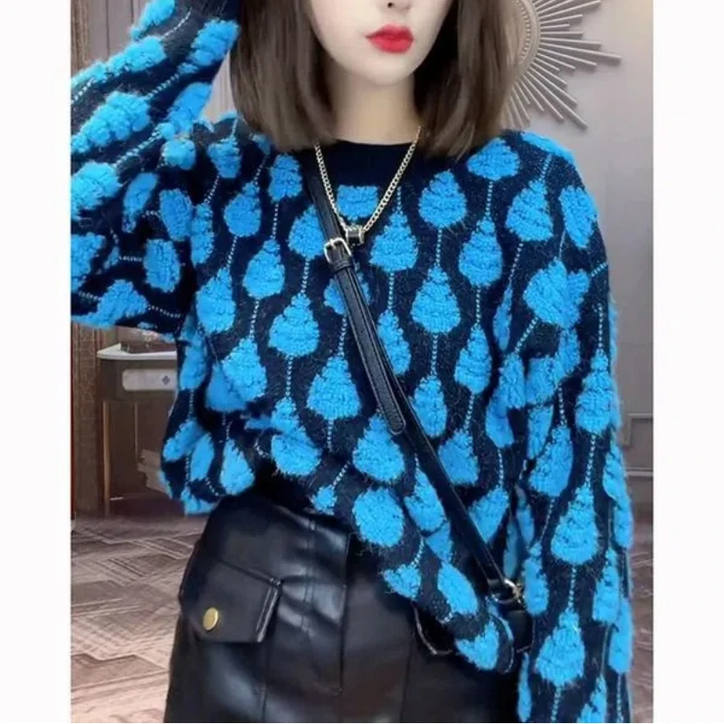 Осенне-зимний женский свитер с длинными рукавами-фонариками и геометрическим