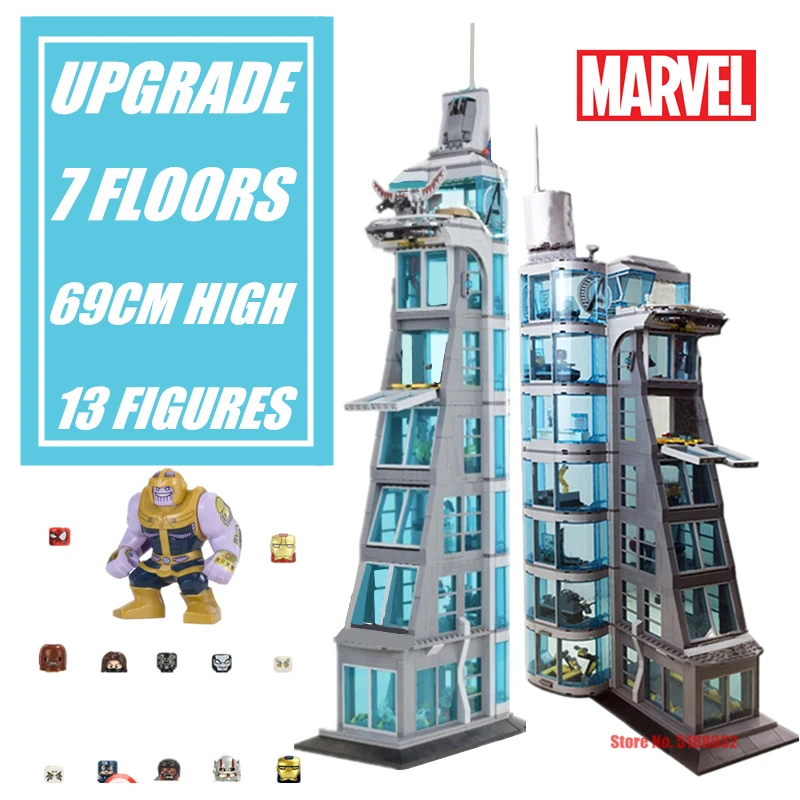 

Marvel Avengers Tower Iron Man Heroes Stark Tower Spiderman Thanos Thor Figures Streetview Building Block Brick Gift Toy