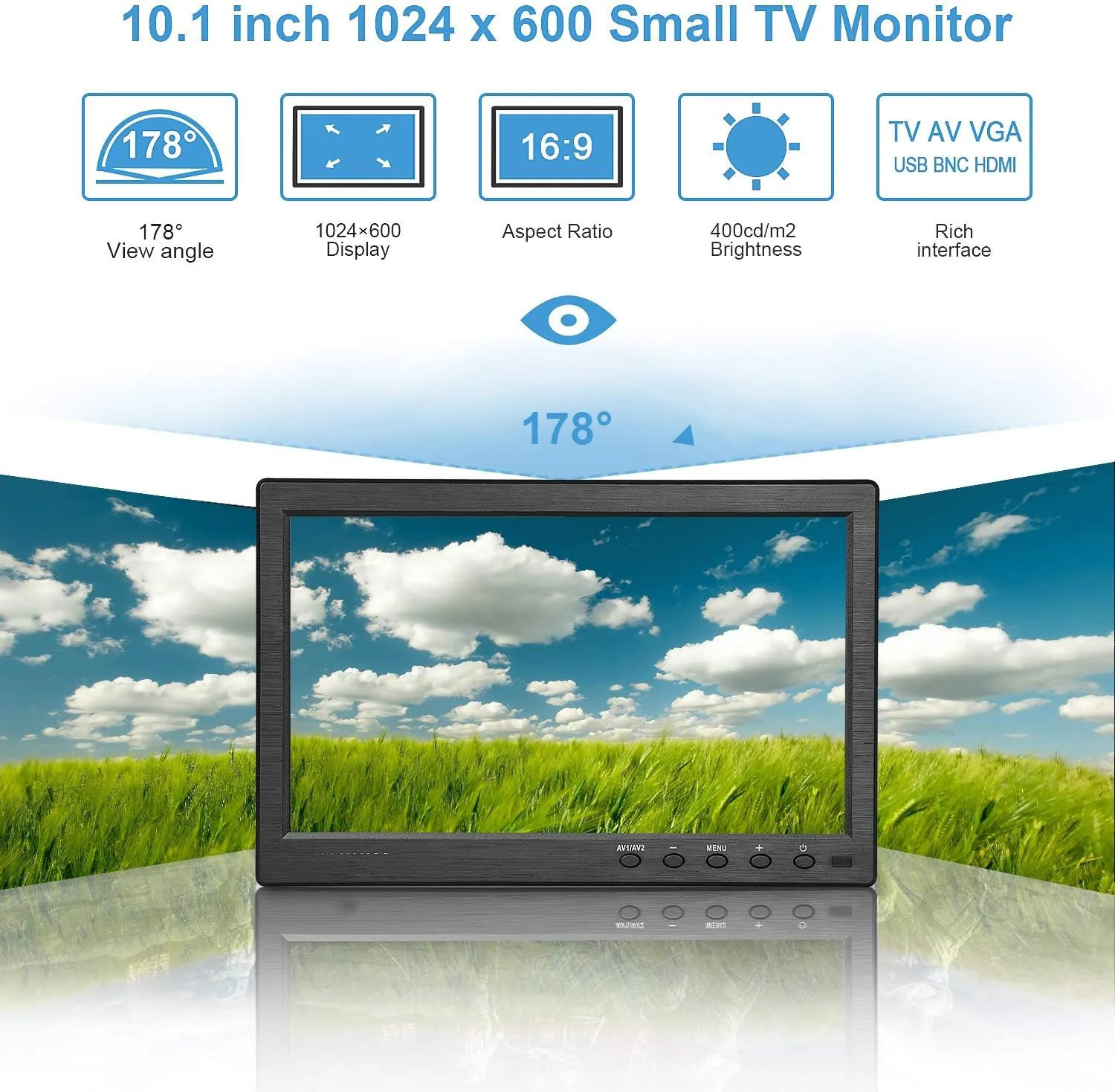Фото Uvusee 10,1-дюймовый небольшой портативный IPS HDMI-монитор 1080P 1024x600 Встроенный динамик HDMI VGA AV BNC Вход для ПК Игры Камера видеонаблюдения №2