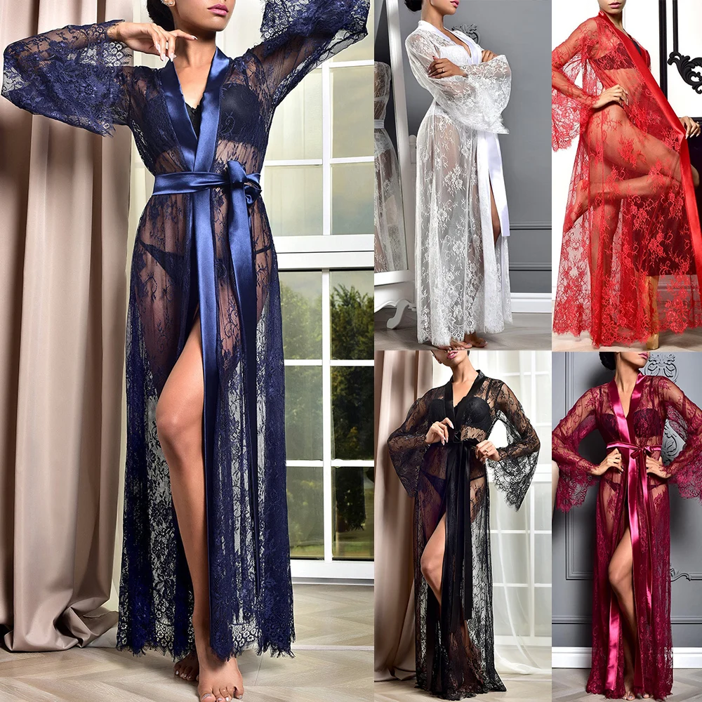 

Women Long Sleeve Lace Robe Dress Fashion Solid Sexy Perspective Pajamas Robe Sleepwear Underwear Lingerie Satin Silk Belt