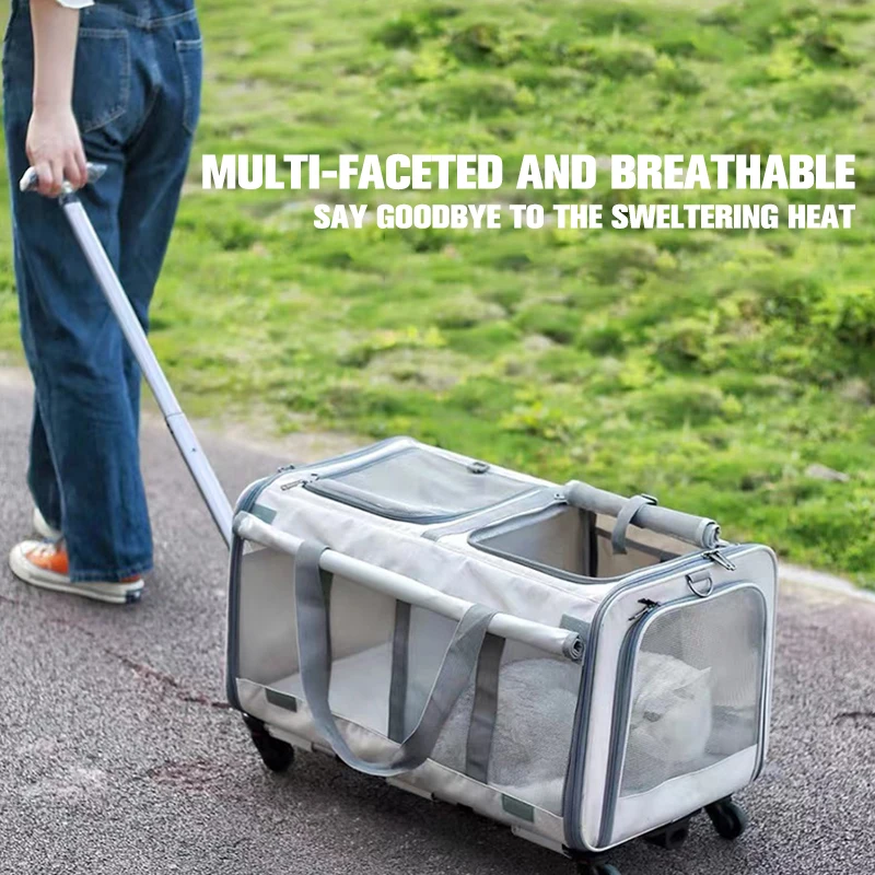 

Portable Breathable Small And Medium-Sized Cage Foldable Pet Trolley Case Large Double-Layer Breathable Dog Carrier Bag 1pc