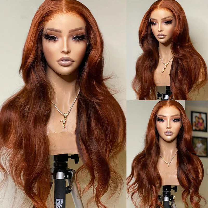 

Preplucked Soft 180%Density 26Inch Orange Brown Body Wave Long Natural Hairline Glueless Lace Front Wig For Women Babyhair