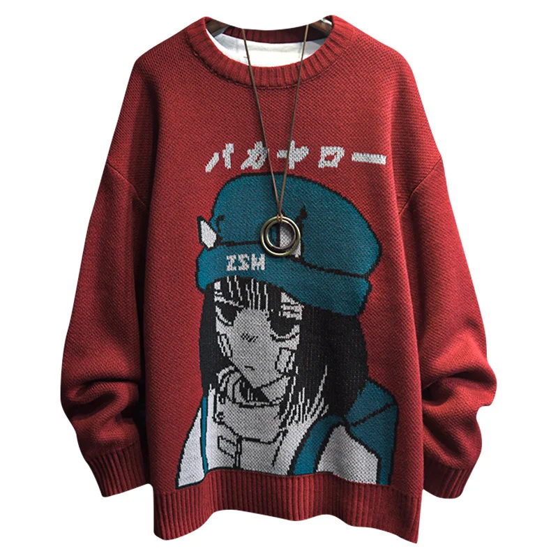 

Harajuku Cartoon Girl Sweater Baggy Japanese Knitwears Women Round Neck Loose Casual Autumn Winter Knitted Pullover Sweater
