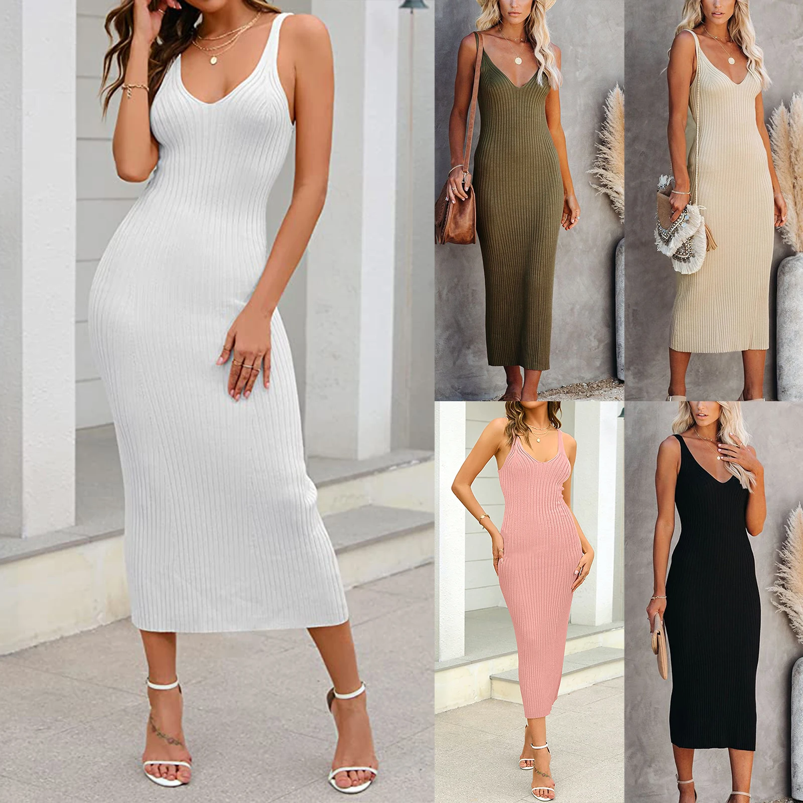 

Women Knit Bodycon Long Dress Ladies Fashion Sleeveless V-neck Backless Solid Slim Fit Dress Elegant Party Long Dress