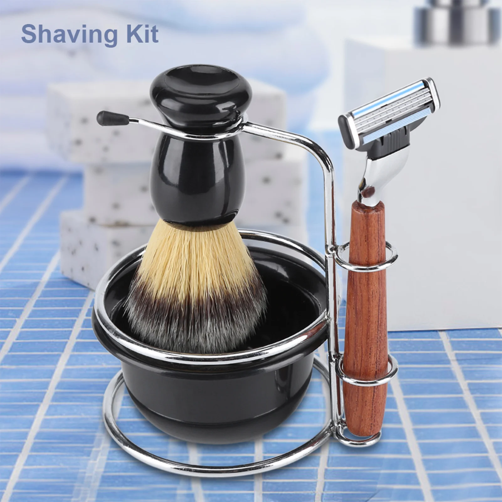 4Pcs Professional Men Beard Brush Set Manual Razor + Stainess Steel Stand Holder + Clean Brush + Bowl For Men Shaving Facial Kit images - 6