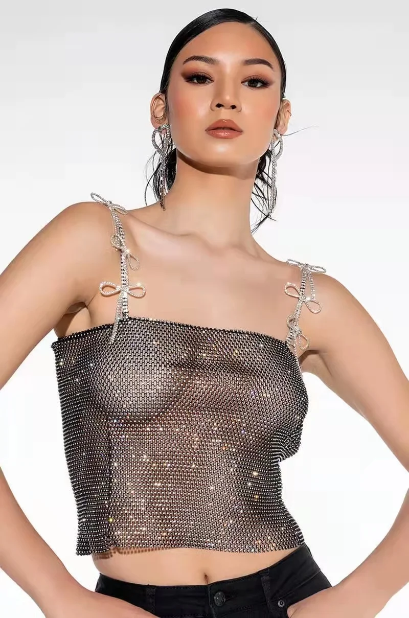 

2022 Sexy Rhinestone Breathable Women's Fashion Bow Rhinestone Elastic Top Slim Pack Hip Sling Top Women