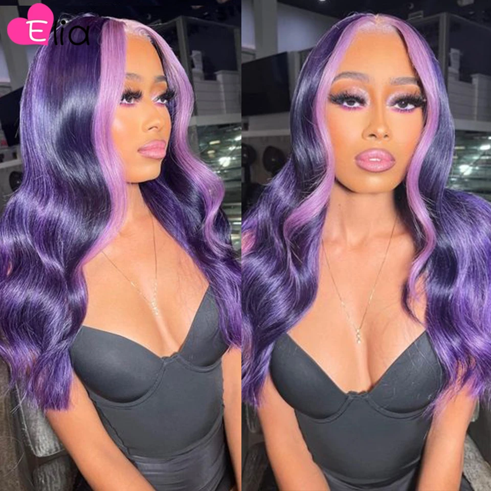 

Purple Highlights Lace Frontal Transparent 13x6 Body Wave Lace Front Human Hair Wig for Black Women 5x5 Lace Closure Wig