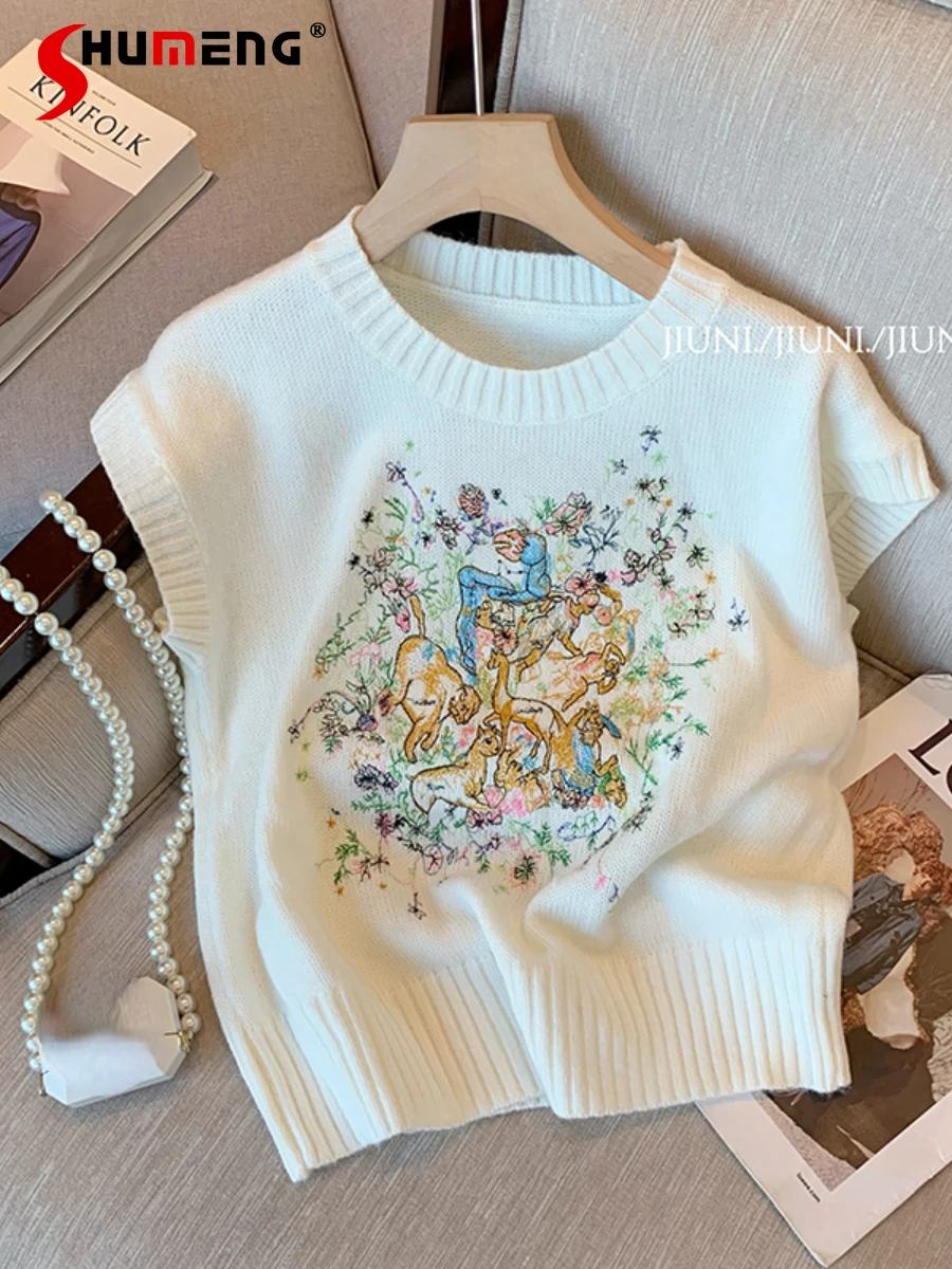 

High-Grade French Style Embroidery Knitted Sleeveless Waistcoat Women 2022 Autumn New Fashion Chic Casual Pullover Knitting Vest