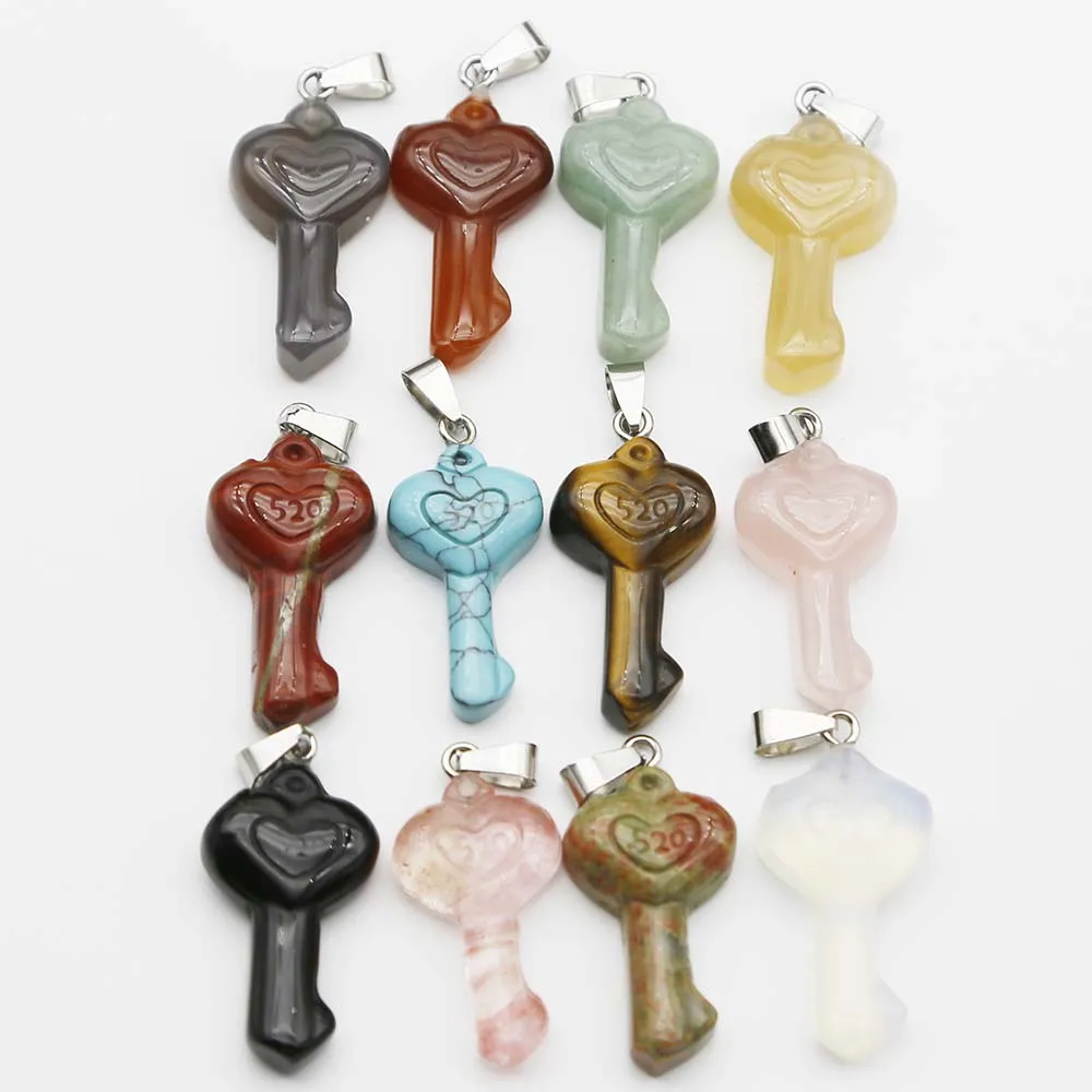 Natural Stone Crystal Agate 520 Love Heart Keychain Pendant Necklace Healing Charms DIY Jewelry Accessories  Gift Wholesale 8Pcs