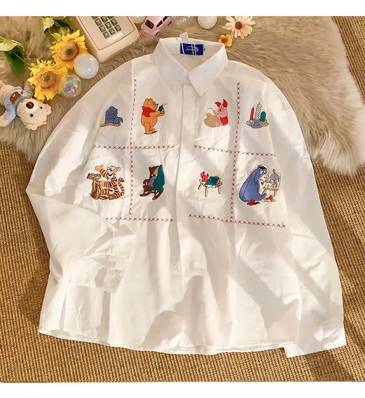 

White Brand Cartoon Animal Embroidery Shirt Women Button Up Shirt Long Sleeve Cute Japanese Fashion Autumn Loose Casual Shirts