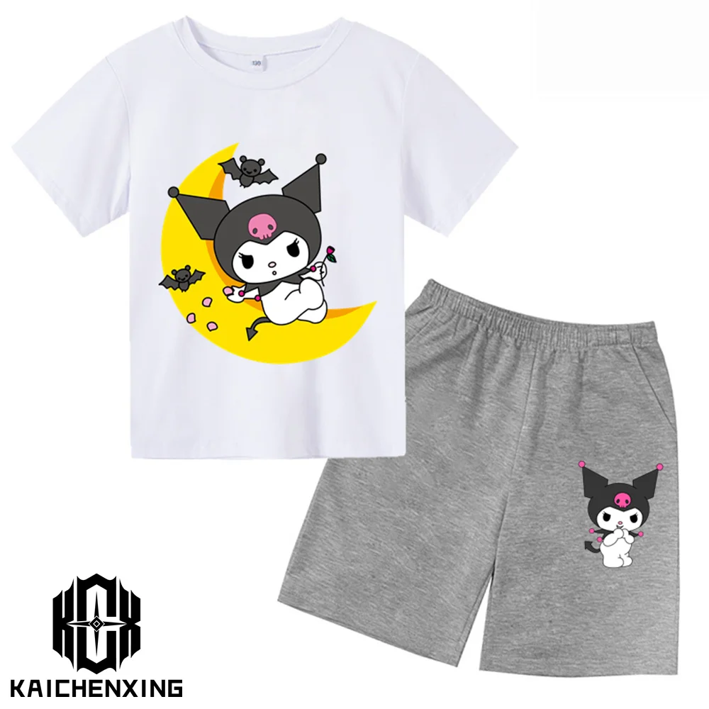 

Футболка с героями аниме Hello kitty Kuromi для мальчиков и девочек, одежда, топы с героями мультфильмов, Детский комплект из покемона, летние женские футболки с коротким рукавом