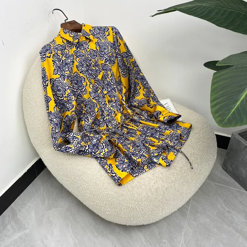 2022 Women Summer Top Quality Chic Navy Blue Mandarine Flowers Print Yellow Long Lantern Sleeve High Waist Rompers Lady