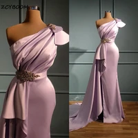 2022 elegant kaftan muslim evening gowns long satin shiny rhinestone arabic mermaid one shoulder dubai formal dresses vestidos