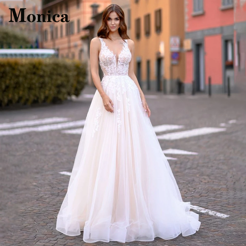 

MONICA Court Train V-neck Tank Wedding Dresses For Bride Sleeveless Backless A-LINE Appliques Personalised Vestidos De Novia