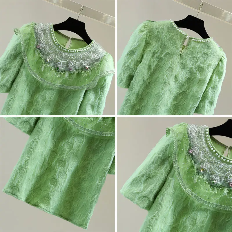 Neploe футболка с коротким рукавом буфами и блестками круглым вырезом Лето 2024